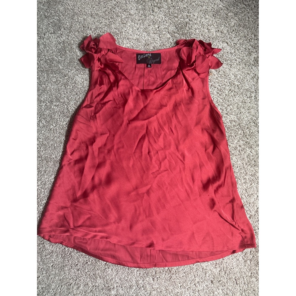 Oxford & Regent Red Satin Sleeveless Blouse Floral Shoulder Applique Top XS